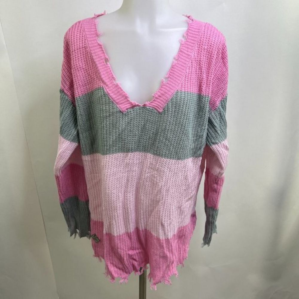 Simply Southern Collection L Sweater Pink Color Block Gray‎ V-neck Distressed